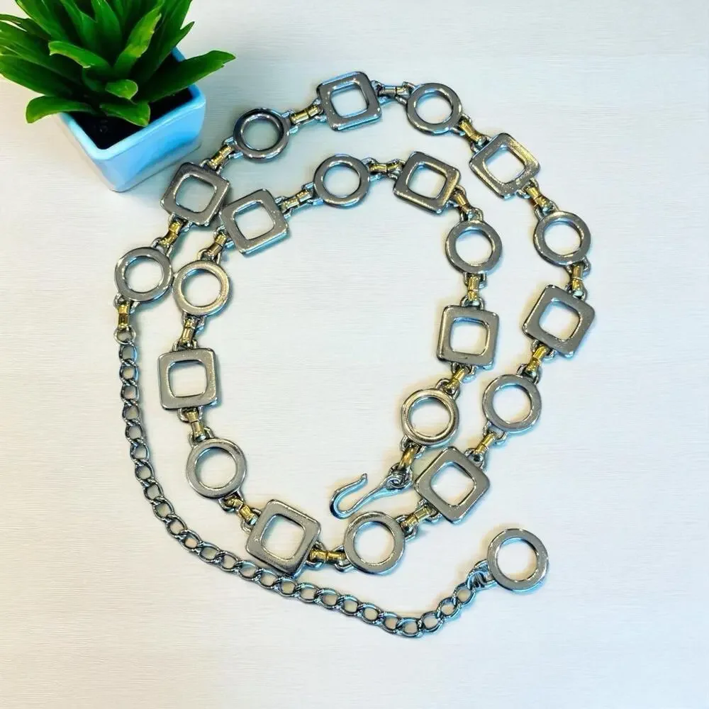Vintage 36” Gold Tone, Silver Tone Square Circle Geometric Link Chain Belt
